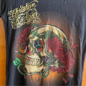 Christian Audigier Medium Vintage Black T-Shirt with Rhinestone Skull and Rose